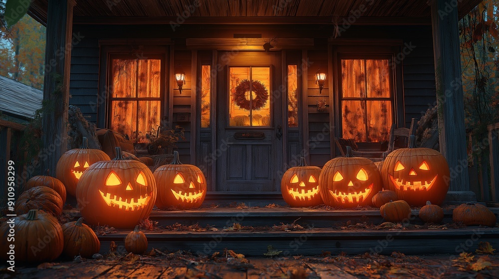 Obraz premium Halloween Front Porch with Glowing Jack-o'-Lanterns, Spooky and Festive Atmosphere, Perfect for Halloween Decorations and Seasonal Promotions