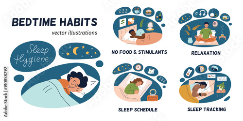 Sleep hygiene vector illustration set. Bedtime habits collection, relaxation tips, healthy night routines. Flat cartoon people in cozy bedrooms. Sleeping schedule, deep sleep tracking, evening rituals