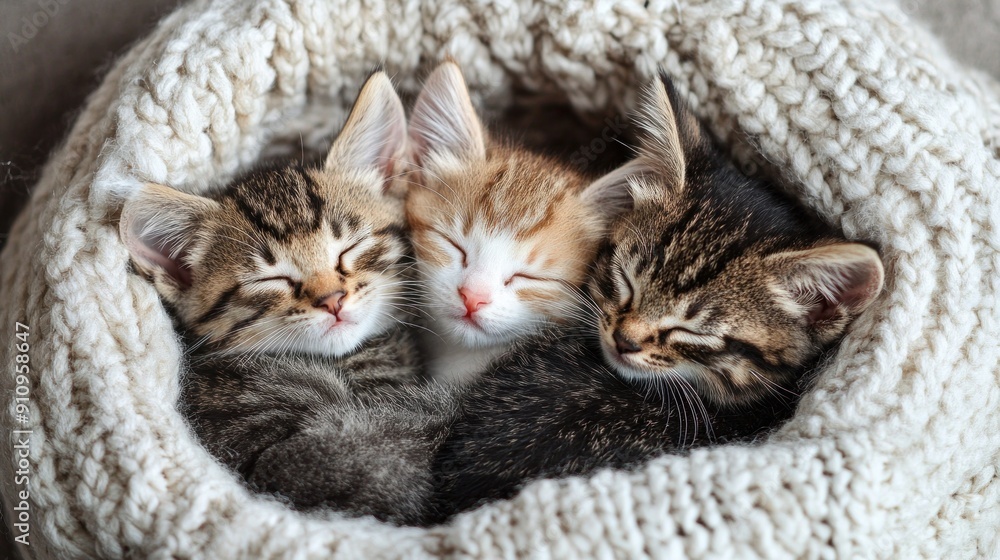 Three Kittens Sleeping Together in a Knitted Blanket Three Kittens Sleeping Together in a Knitted Blanket