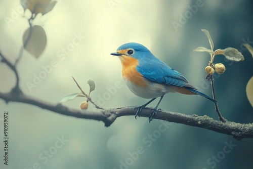 Blue and Orange Bird Perched on Branch