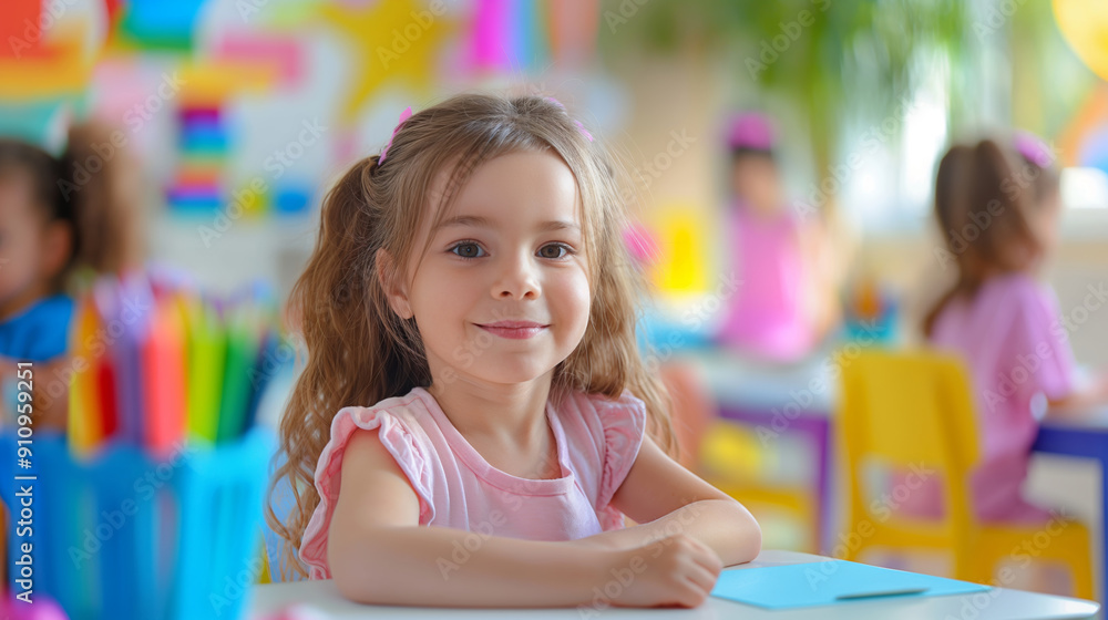 Portrait of smiling little girl among her friends at school. School children sitting behind desks in classroom. Portrait of smiling little girl among her friends at school. School children sitting behind desks in classroom.