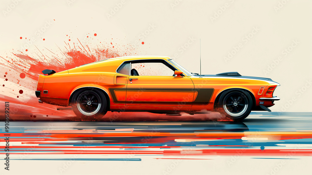 Obraz premium Illustration of orange sport car is depicted in a dynamic scene with splashes of paint and speed lines surrounding it