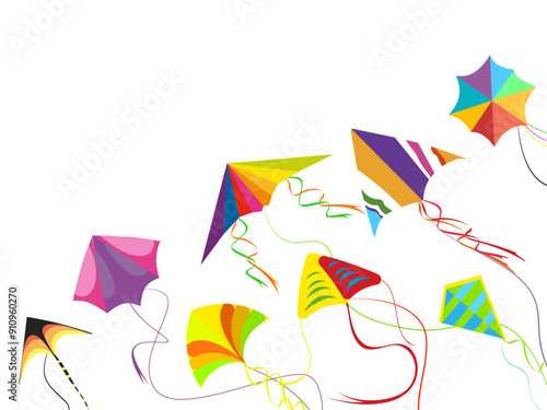Banner flying kites with colored wings, banner for sankranti holiday, vector of festival kite colorful, makar celebration greeting illustration, sankranti creative flying