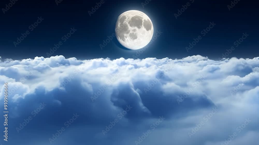The full moon shines brightly, casting a soft glow over a blanket of fluffy clouds on a tranquil night The full moon shines brightly, casting a soft glow over a blanket of fluffy clouds on a tranquil night