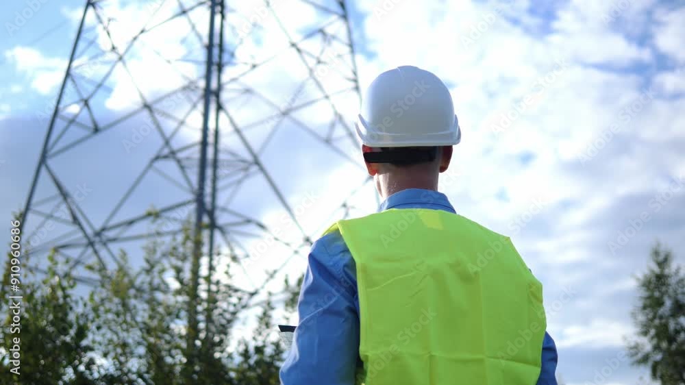 With a white helmet, reflective vest, and tablet in hand, an energy engineer examines an electric tower and wires. The energy engineer focuses on maintaining efficient power systems. With a white helmet, reflective vest, and tablet in hand, an energy engineer examines an electric tower and wires. The energy engineer focuses on maintaining efficient power systems.