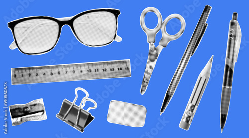 Set of cutout halftone collage elements on the theme of back to school. Glasses, scissors, pencil, sharpener, pens, ruler etc isolated on blue background.