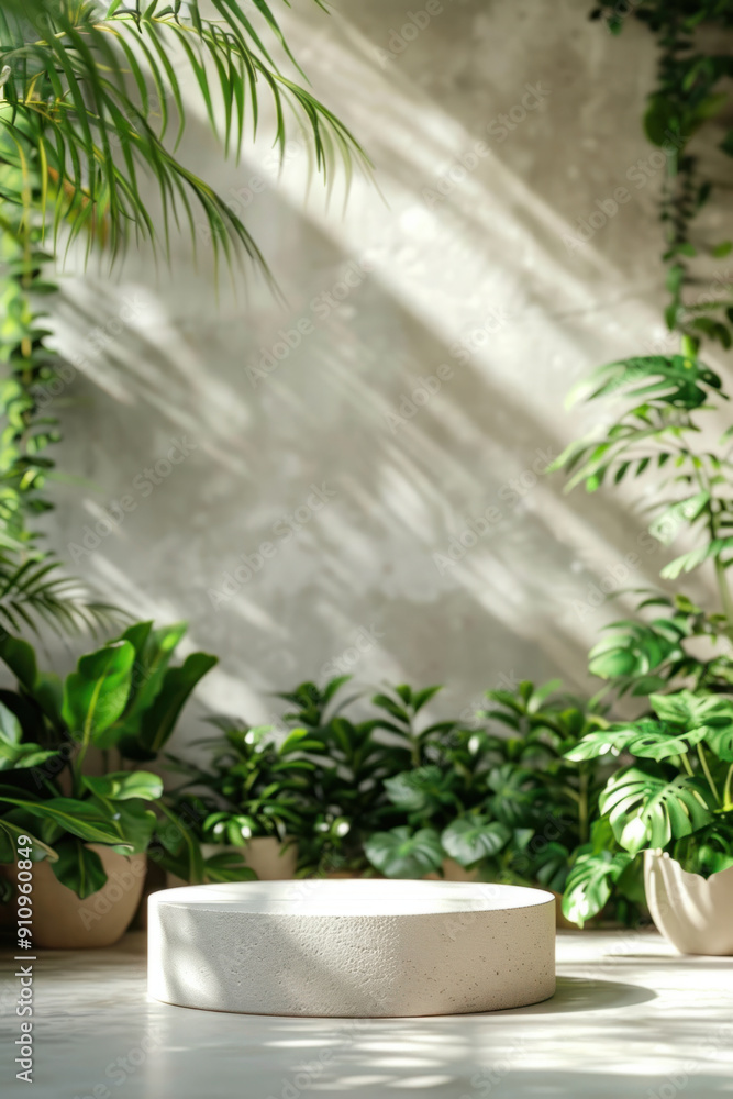 Home product background, The focus is on a minimalist, modern mockup podium set against a backdrop of abundant potted house plants. Soft natural light enhances the greenery, Home product background, The focus is on a minimalist, modern mockup podium set against a backdrop of abundant potted house plants. Soft natural light enhances the greenery,