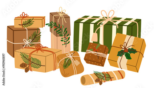 Christmas gift boxes pile. Heap of holiday packages, many surprises, presents in kraft wrapping, brown paper, decorated with twine, leaf branches. Flat vector illustration isolated on white background