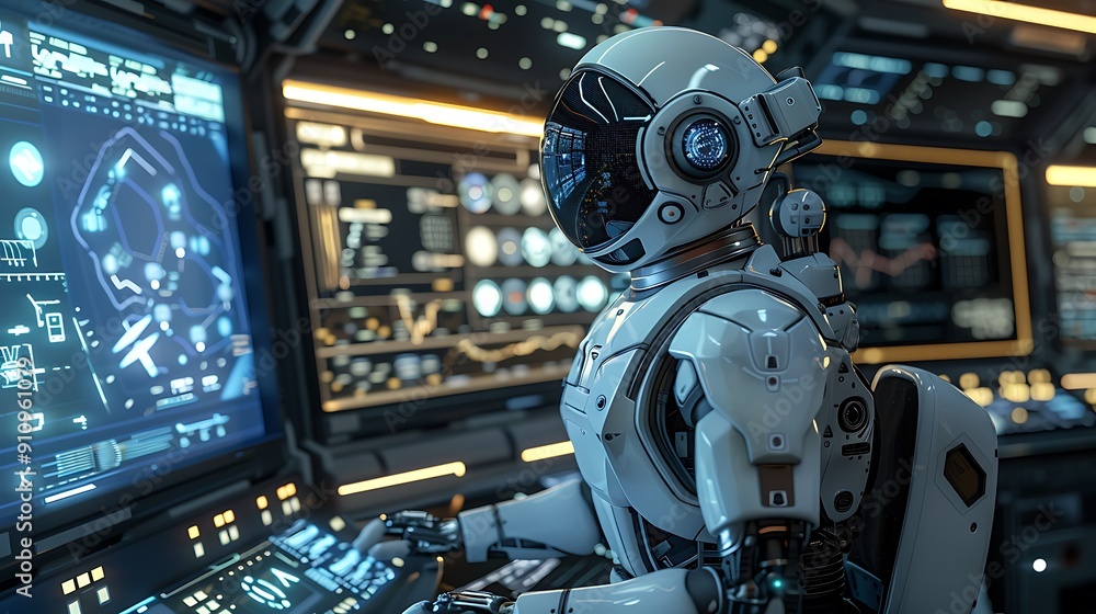 Futuristic AI Robot in Space Mission Control Center Managing Advanced Spacecraft Technology Futuristic AI Robot in Space Mission Control Center Managing Advanced Spacecraft Technology