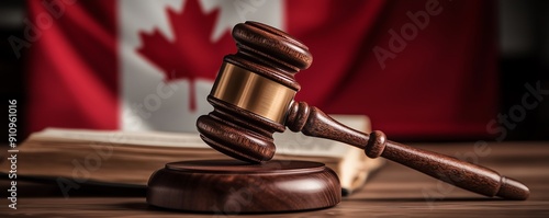 A judge s gavel with a blurred flag of Canada in the background Closeup of the wooden hammer and legal codex Jurisprudence and court system concept photo