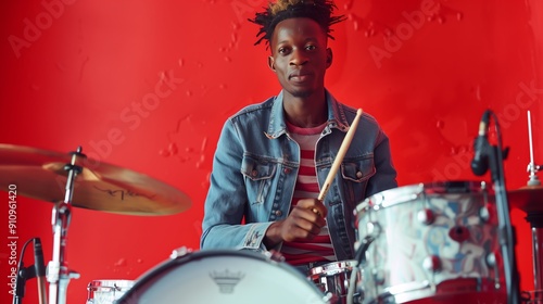 Young man with a drummer on a red background 