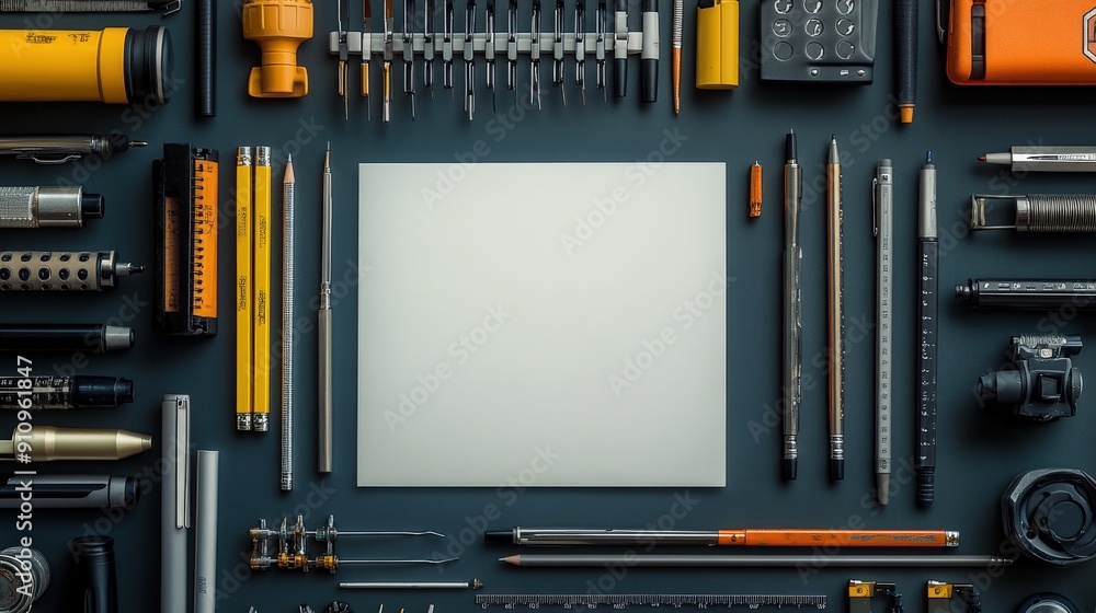 Aerial shot of a landscape architect's desk featuring an empty sketch pad in the center, with neatly arranged pens, pencils, and technical instruments around it Aerial shot of a landscape architect's desk featuring an empty sketch pad in the center, with neatly arranged pens, pencils, and technical instruments around it
