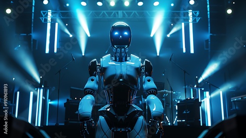 Futuristic AI Robot Performing Music on Concert Stage with Electronic Instruments for Future Entertainment Experience