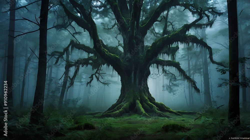 Obraz premium Lonely tree in a wide landscape in the middle of dusk and dark forest full of old trees in a blue dark theme