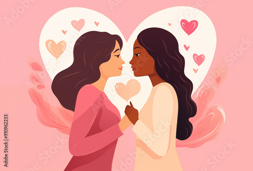 Romantic couple's kiss with floating hearts