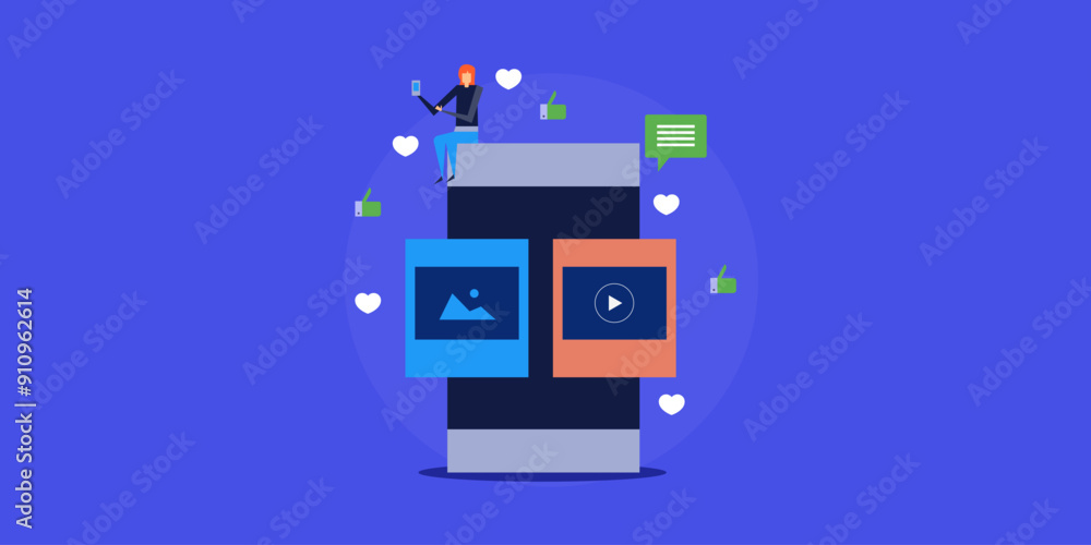 Woman browsing social media content on smartphone, audience engagement like and comment conceptual vector illustration. Woman browsing social media content on smartphone, audience engagement like and comment conceptual vector illustration.