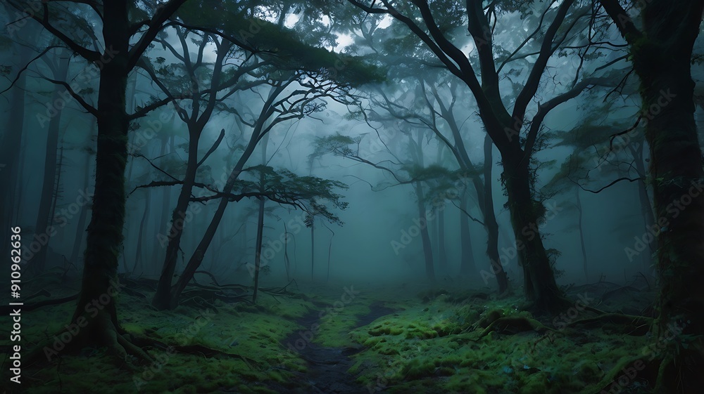 Lonely tree in a wide landscape in the middle of dusk and dark forest full of old trees in a blue dark theme Lonely tree in a wide landscape in the middle of dusk and dark forest full of old trees in a blue dark theme