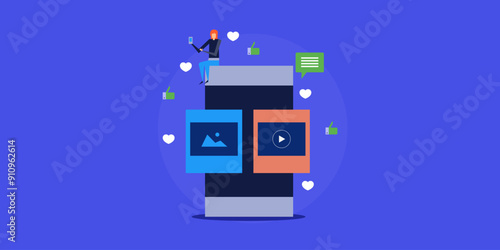 Woman browsing social media content on smartphone, audience engagement like and comment conceptual vector illustration.