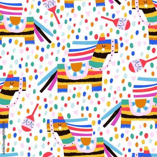 Seamless pattern with cartoon pinata and confetti. Festive cute texture for wrapping paper, textile, apparel. Vector childish background