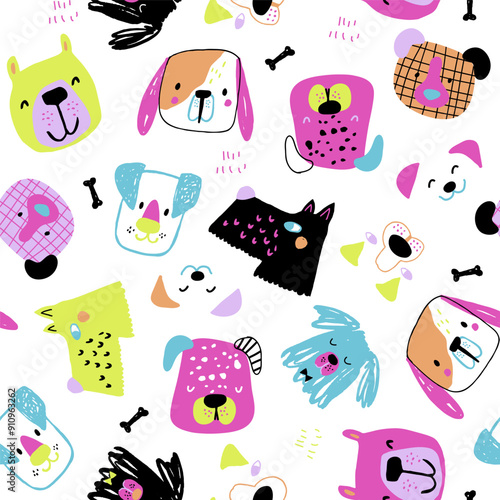 Cartoon creative dog faces on white seamless pattern. Childish texture