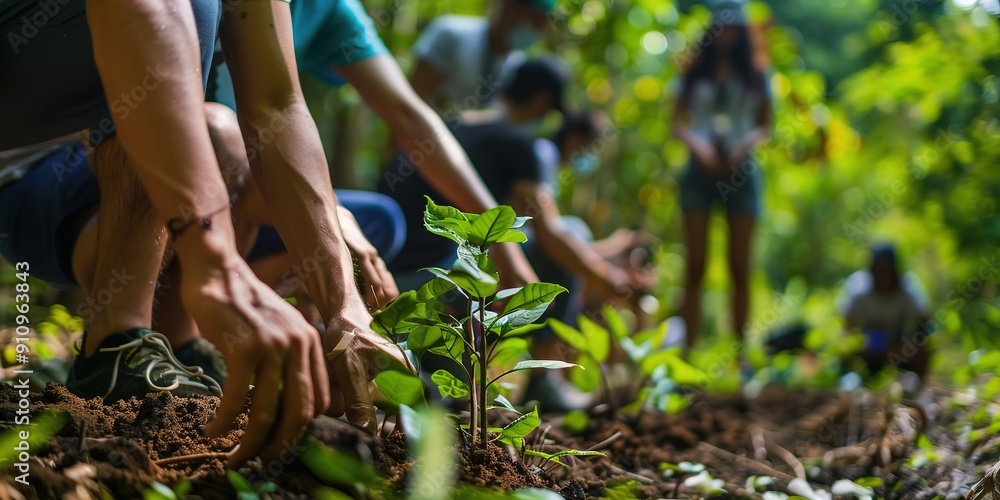 Group planting tree seedlings in soil, hands and greenery, envir Group planting tree seedlings in soil, hands and greenery, envir