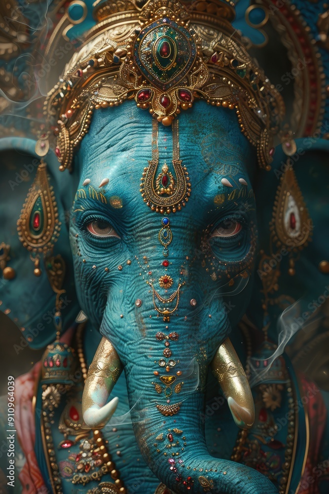 Fototapeta premium Ornate Blue Ganesha with Smoke