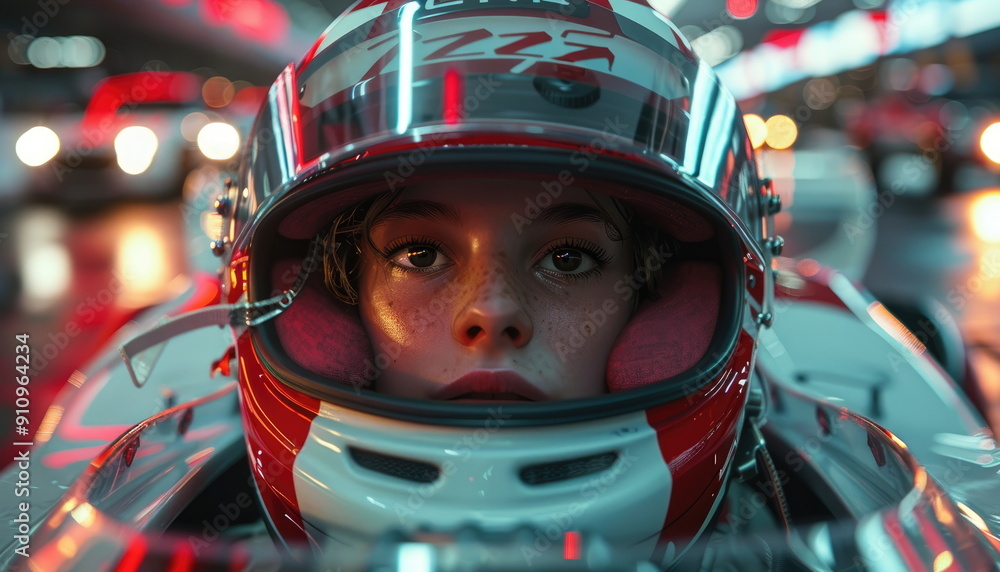 Young woman in a racing helmet Young woman in a racing helmet