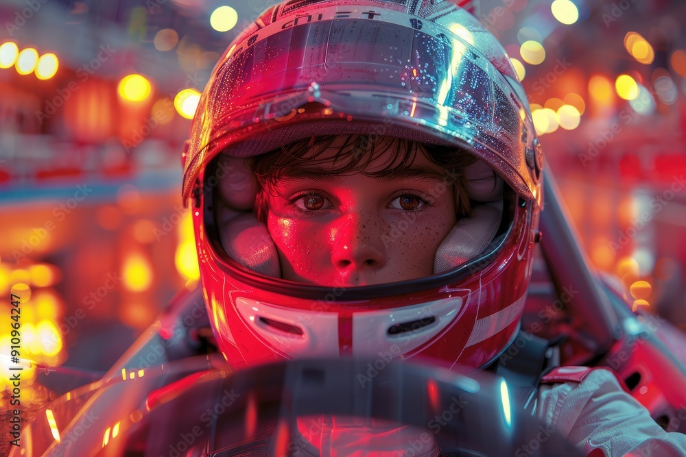 Young Racer in Red Helmet Under Neon Lights Young Racer in Red Helmet Under Neon Lights