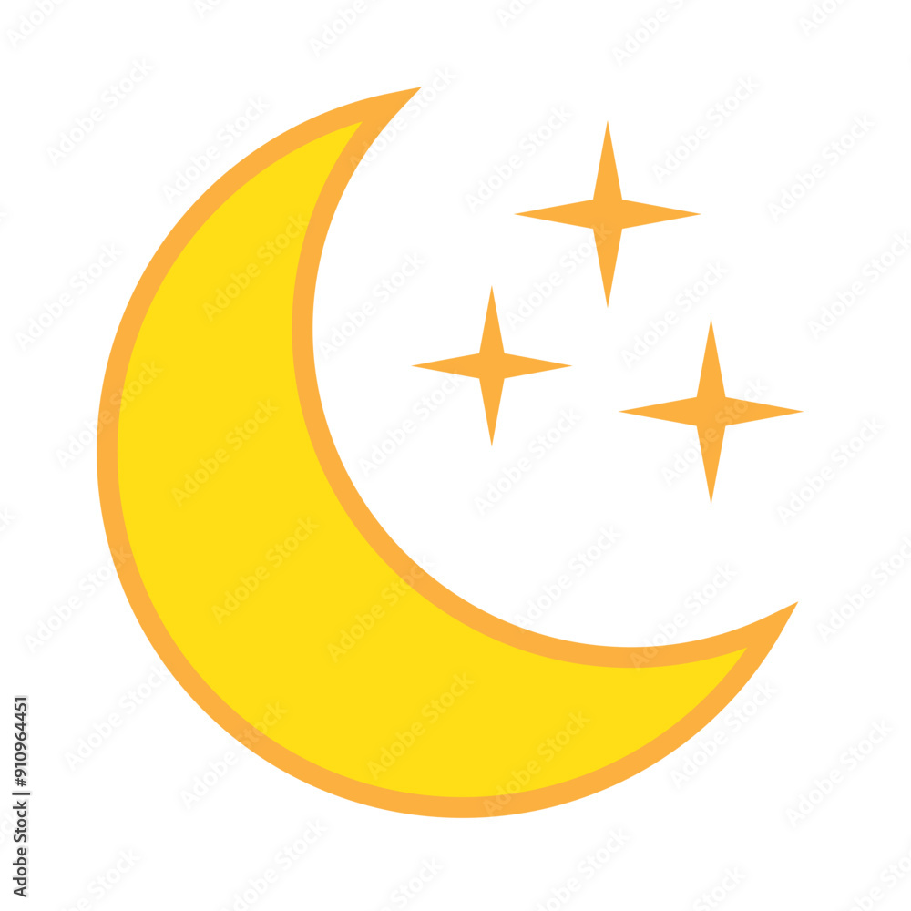 Yellow crescent moon with stars icon on white background. Night icon. Crescent moon icon. Minimalist style. Yellow crescent moon with stars icon on white background. Night icon. Crescent moon icon. Minimalist style.