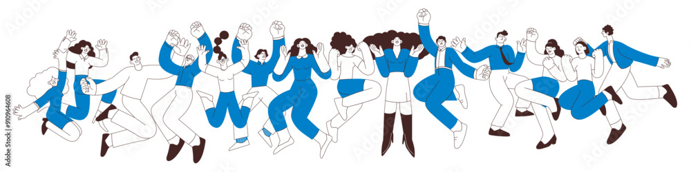 Fototapeta premium Collection of happy business employee females and males jumping in the air cheerfully isolated on white background. Black and white modern flat vector illustration. Social media concept.