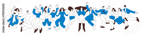 Collection of happy business employee females and males jumping in the air cheerfully isolated on white background. Black and white modern flat vector illustration. Social media concept.