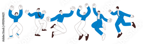 Collection of happy business employee males jumping in the air cheerfully isolated on white background. Black and white modern flat vector illustration. Social media concept.