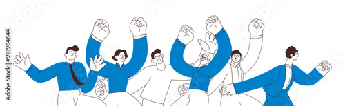 Collection of happy business employee males jumping in the air cheerfully isolated on white background. Black and white modern flat vector illustration. Social media concept.