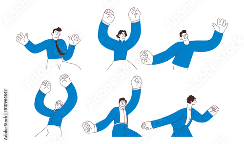 Collection of happy business employee males jumping in the air cheerfully isolated on white background. Black and white modern flat vector illustration. Social media concept.