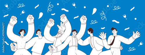 Collection of happy business employee males jumping in the air cheerfully on colorful background with graphic elements. Black and white modern flat vector illustration. Social media concept.