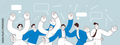 Collection of happy business employee males jumping in the air cheerfully on colorful background with graphic elements. Black and white modern flat vector illustration. Social media concept.