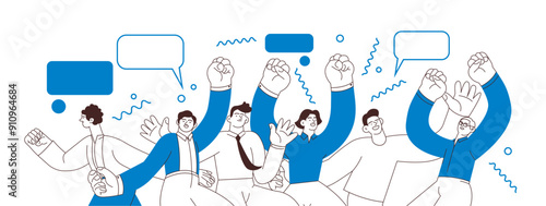 Collection of happy business employee males jumping in the air cheerfully on white background with graphic elements. Black and white modern flat vector illustration. Social media concept.