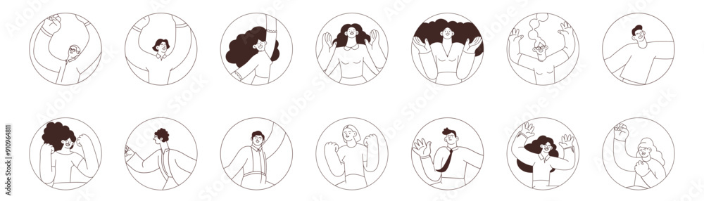 Collection of badges. Happy business employee females and males in circle shapes on white background. Black and white modern flat vector illustration. Social media concept. Collection of badges. Happy business employee females and males in circle shapes on white background. Black and white modern flat vector illustration. Social media concept.