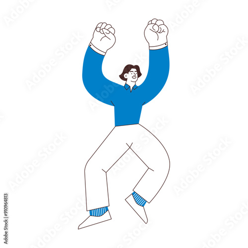 Happy business employee man jumping in the air cheerfully isolated on white background. Black and white modern flat vector illustration. Social media concept.