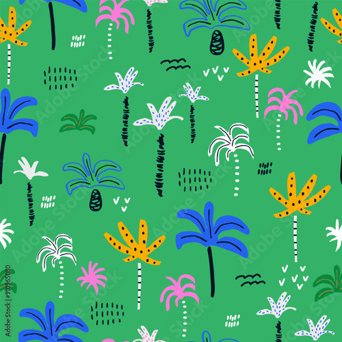 Jungle seamless green pattern with tropical trees, palms. Cartoon vector summer kids texture