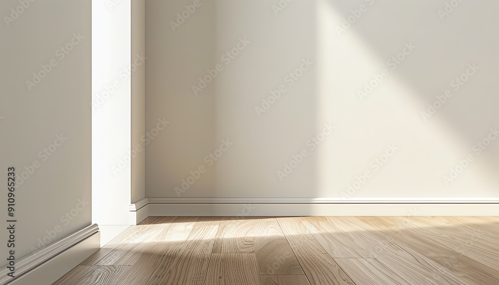 Photo of an empty room with white walls and brown wooden floor. The room should be lit by a single ray of sunlight shining through a window on the left side of the image. Photo of an empty room with white walls and brown wooden floor. The room should be lit by a single ray of sunlight shining through a window on the left side of the image.