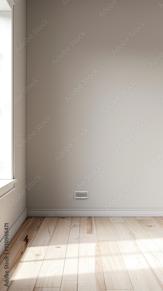 Photorealistic render of an empty room. The room have white walls, a wood floor, and a single window. The window should be on the left side of the image, and it should be letting in a bright light. Photorealistic render of an empty room. The room have white walls, a wood floor, and a single window. The window should be on the left side of the image, and it should be letting in a bright light.