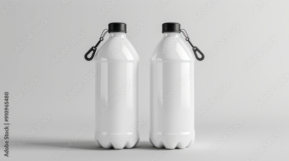 A realistic 3D render of two white water bottles with black caps and carabiners attached, minimalistic design, on a plain light gray background A realistic 3D render of two white water bottles with black caps and carabiners attached, minimalistic design, on a plain light gray background