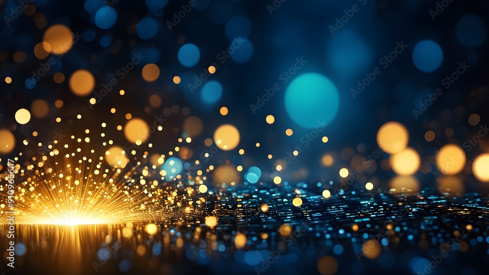 A bright light is shining on a dark blue background with many small A bright light is shining on a dark blue background with many small