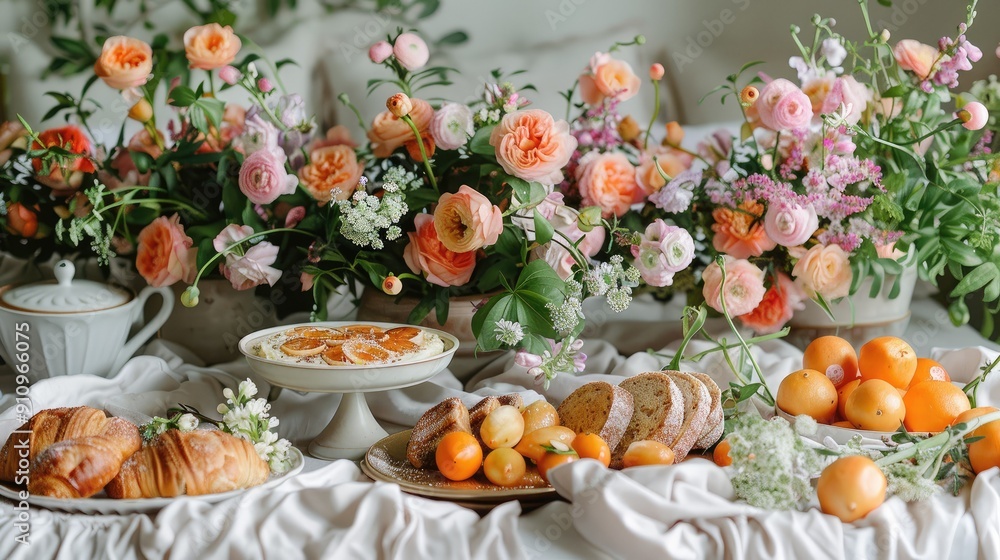 Mother's Day breakfast in bed setup with fresh flowers Mother's Day breakfast in bed setup with fresh flowers