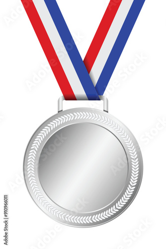 Realistic silver medal mockup. Silver medal with ribbon. Design winner silver medal prize. Winner award medal. Vector illustration