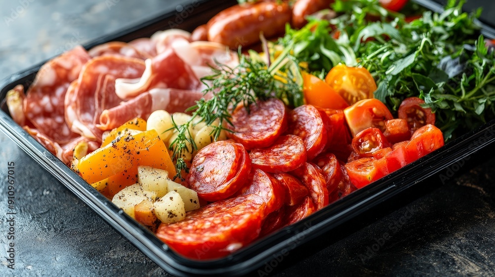 Delicious Food Tray with Salami, Ham, Sausage, and Vegetables Delicious Food Tray with Salami, Ham, Sausage, and Vegetables