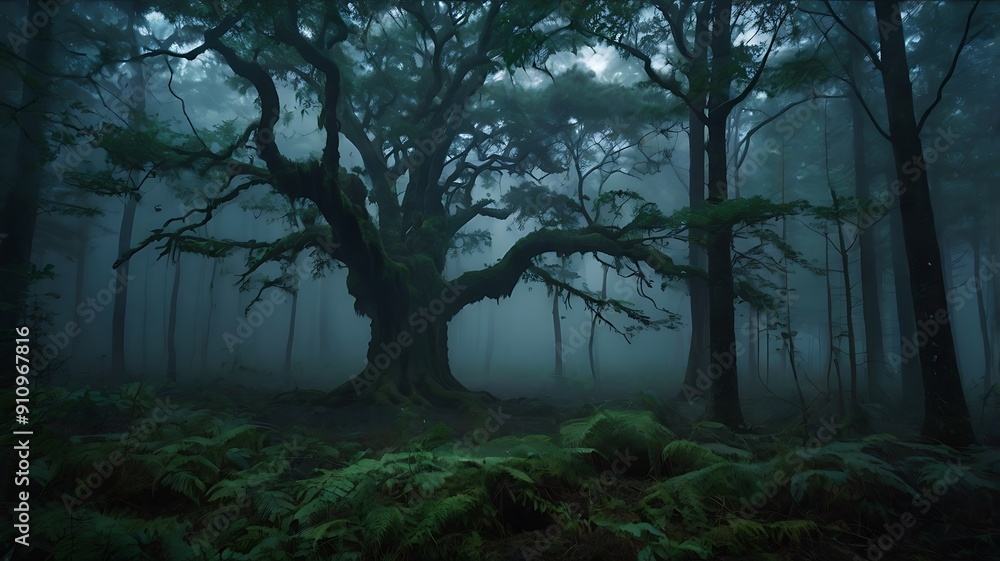 Naklejka premium Lonely tree in a wide landscape in the middle of dusk and dark forest full of old trees in a blue dark theme