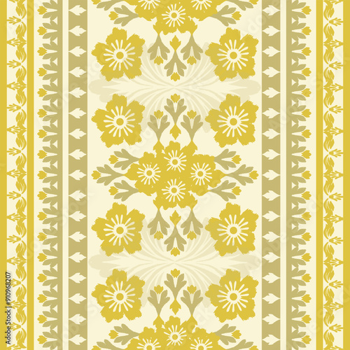 Damask ikat seamless pattern with yellow flowers
