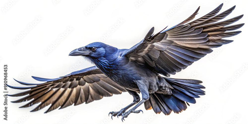 Obraz premium A majestic raven is captured in mid-flight, with its wings fully spread and feathers detailed against a white background. The bird's dark plumage contrasts sharply with the bright backdrop